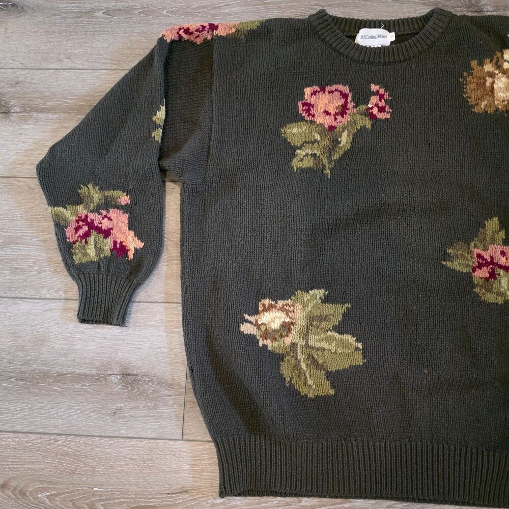 Vintage JH Collectibles Lambswool Green Floral Pullover Sweater Womens Size L - Picture 2 of 5